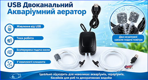 Двоканальний акваріумний аератор. Компресор USB, AQUAXER Mini Small 2x, двоканальний.