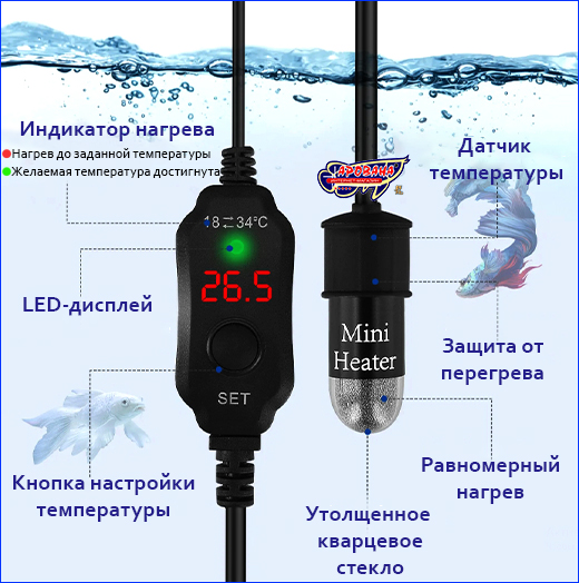 AQUAXER Mini Heater с индикаторами нагрева и LED-дисплеем. Нагреватель с терморегулятором, AQUAXER Mini Heater, USB, 10 Вт.
