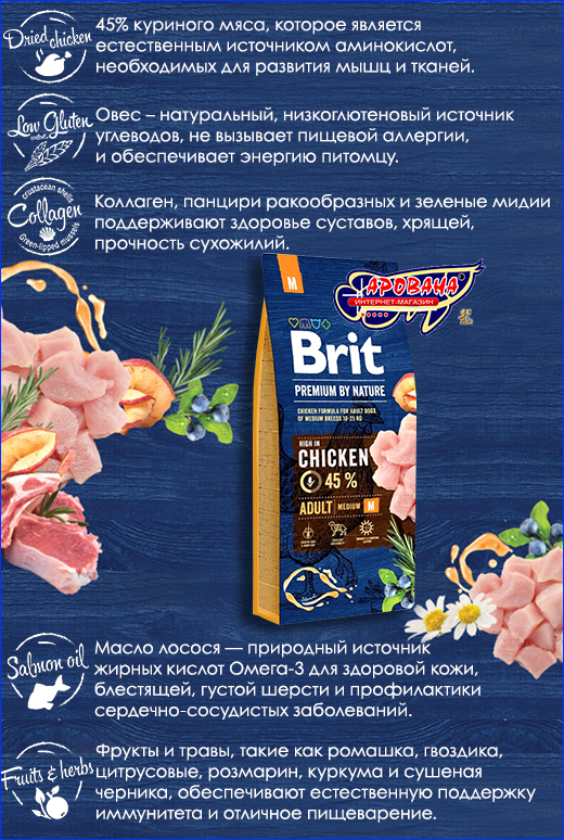 Сухой корм с курицей для собак Брит. Brit Premium Adult M Chicken, 1 кг (развес).