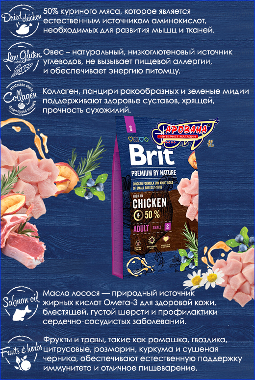 корм с курицей для собак мелких пород. Brit Premium Adult S Chicken, 1 кг (развес).