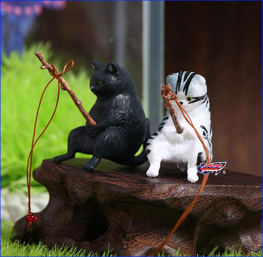 Декоративная фигурка. Декорация AQUAXER, кот с удочкой, серый, 3 см.