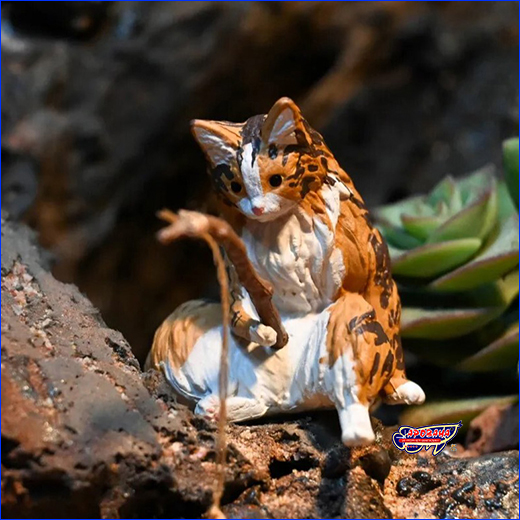 Фигурка для аквариума. Декорация AQUAXER, кот с удочкой, коричневый, 3 см.