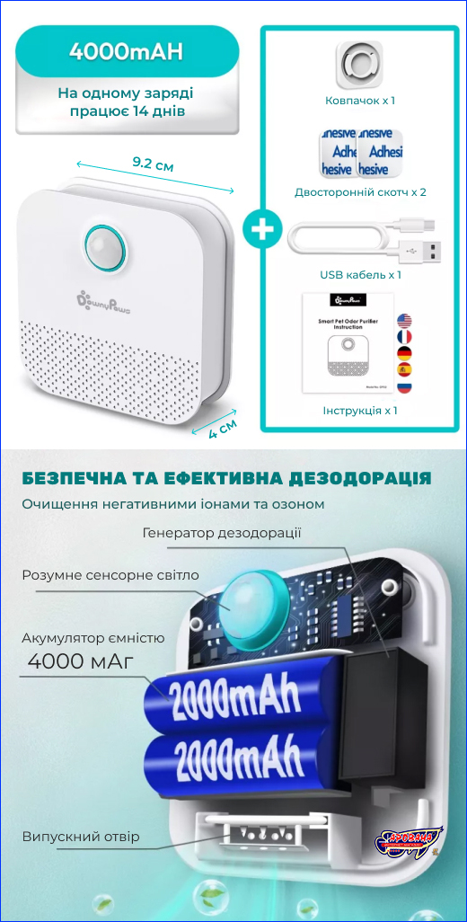 100 % дружній до котів. Розумний нейтралізатор запаху для домашніх тварин, DownyPaws, акумуляторний.