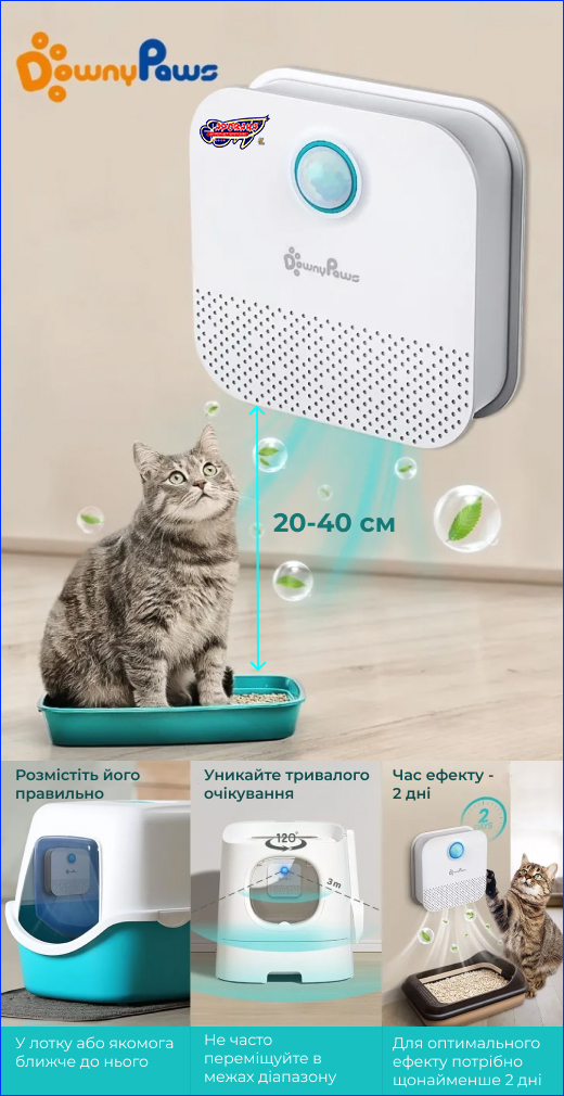Широкий спектр використання. Розумний нейтралізатор запаху для домашніх тварин, DownyPaws, акумуляторний.