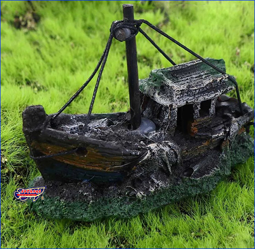 Затонувший корабль в аквариум. Декорация HOBBY, Sunken Longboat, 12.5 см.