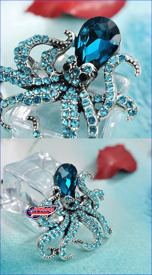 Стильная брошь-подвеска. Брошь осьминог, Octopus Blue, 3.4х3.6 см.