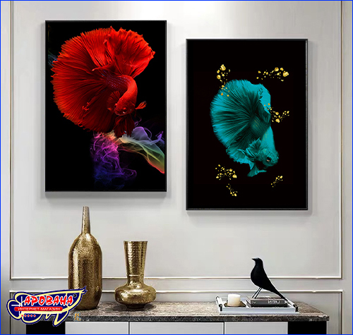 Картины Betta fish добавляют контрастности к дизайну интерьера. Картина Betta fish, 80х60 см, петушок полумесяц красный.
