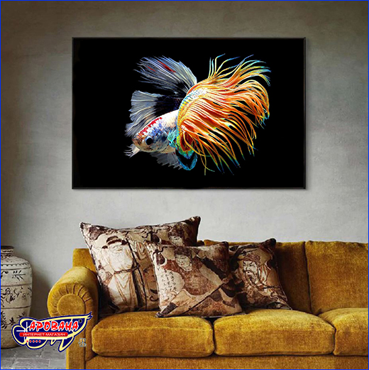 Яркие краски картины Betta fish добавляют контрастности к дизайну интерьера. Картина Betta fish, 60х80 см, петушок коронохвост мультиколор.