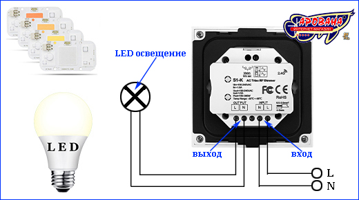 Схема двух вариантов подключения. Диммер LED, S-1K Triac.