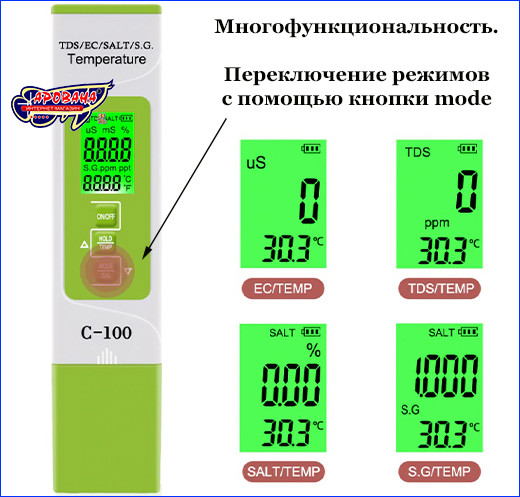 Многофункциональный измеритель параметров воды с 5 режимами. TDS/EC/Salinity/S.G./Temp-metr C-100
