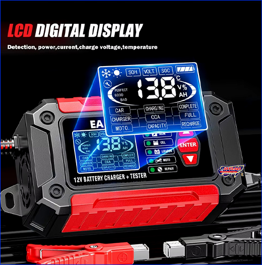 Зручний LCD-дисплей 1.9 дюйма – чітке та зрозуміле відображення всіх параметрів зарядки. Зарядний пристрій FOXSUR FTC-1206, для акумуляторів 12В, 6А.